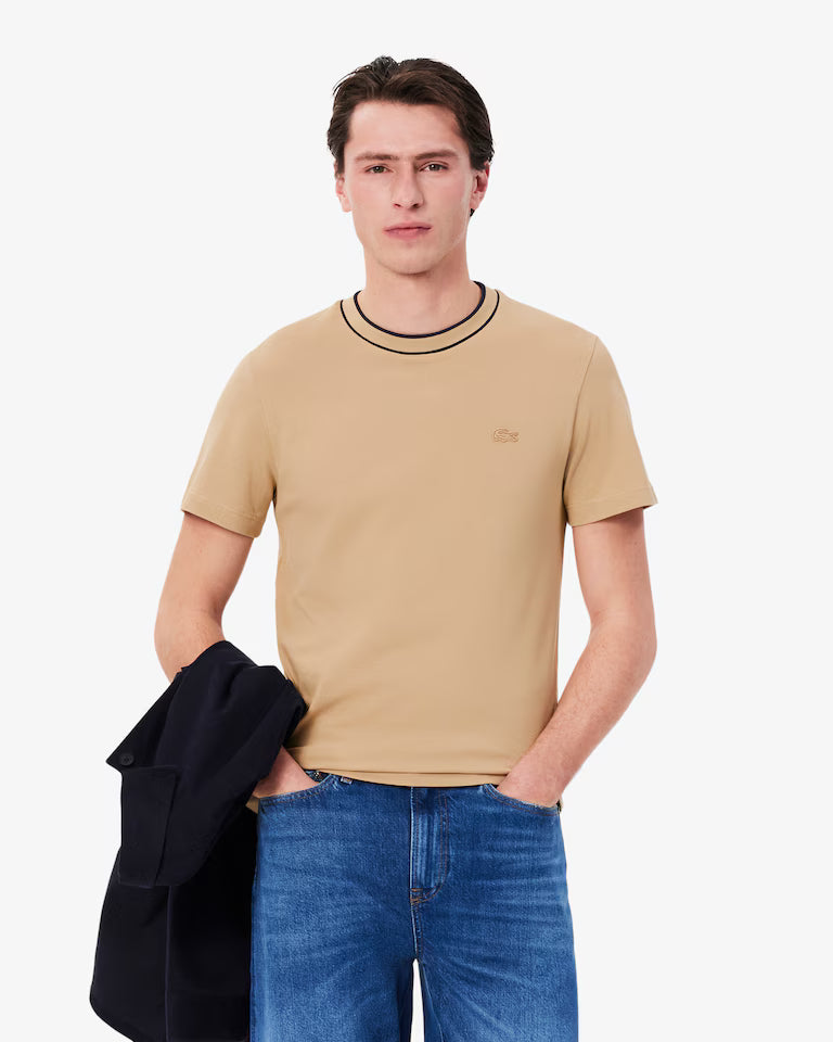 Camiseta De Piqué Elastizado Con Cuello Rayado